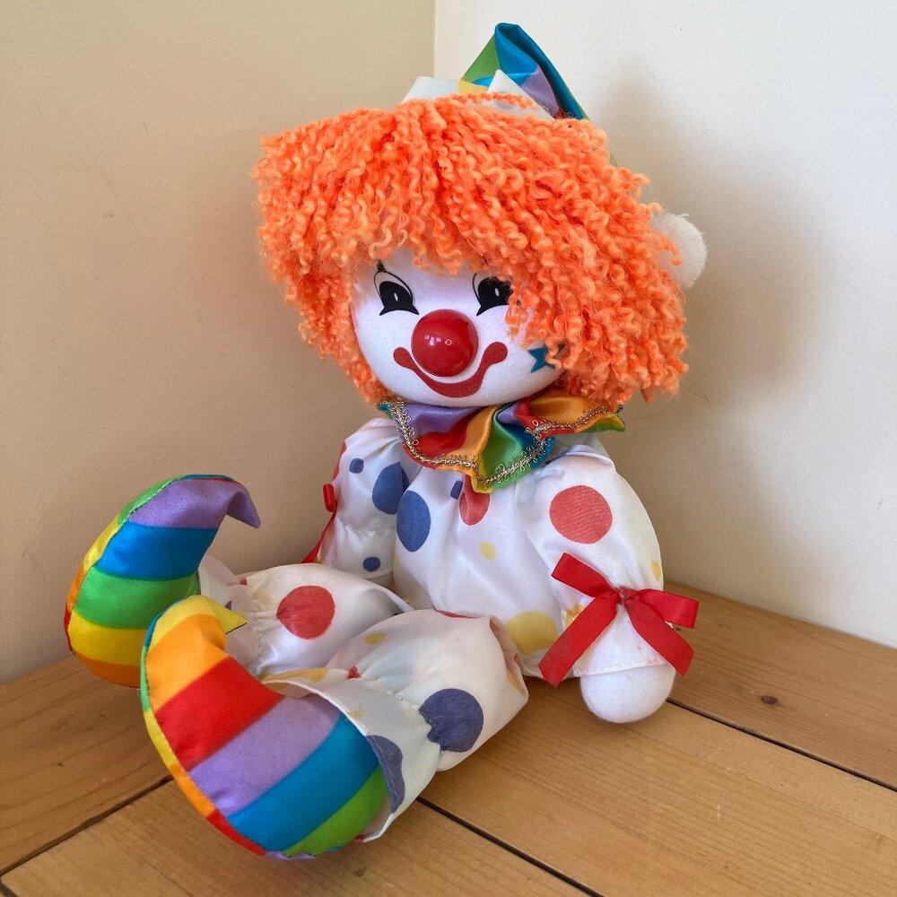 Dolmax Polka Dot Happy Clown Doll Shelf Sitter Vintage 70s Toy Rainbow 14" Tall